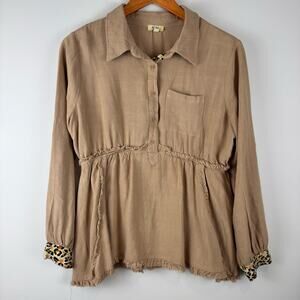 Kori Women's Tan Elastic Waist and Leopard Top with Buttons ~ L